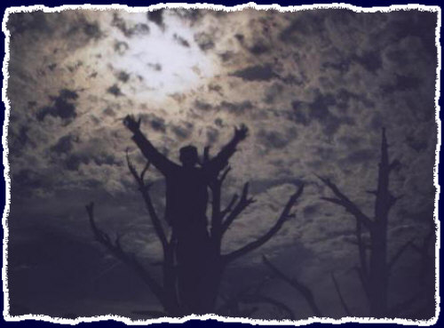 A Spring night with a full moon in the background and Jarod in a tree in the foreground - Extra long exposure and aperture wide open - Spring break 1998 in Northern Arizona