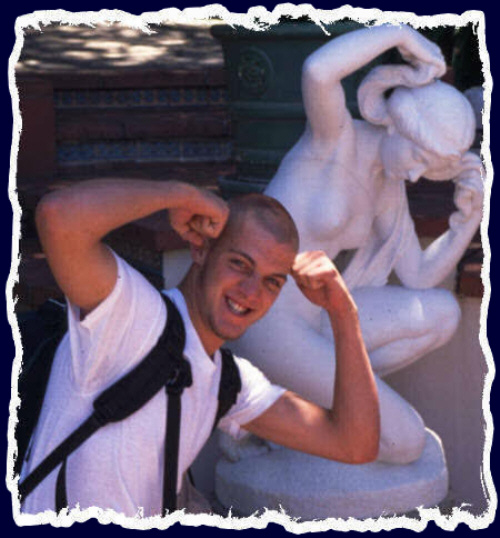 Matt Gabrielsen being himself and flexin' before a statue at Hearst Castle - Summer 2001 - Chris Gabrielsen Photography