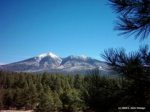 The San Francisco Peaks as seen between mile marker 220 and 221 on highway 180